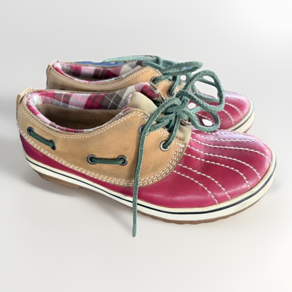 Sorel Slimpack Lace Duck Shoes Women Size 7 Pink‎ Tan Waterproof Plaid NL1771